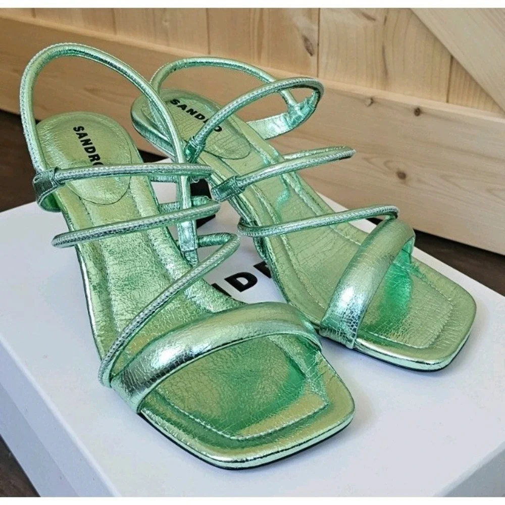 SANDRO Women's Noelis‎ Metallic Pale Green Slingback Heeled Sandals. Size 36